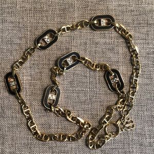 Ann Taylor Chunky Chain with Black Leather Inlay Vintage Chain Link Necklace